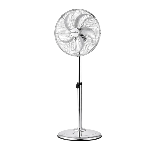 Senelux 16 Inch Metal Pedestal Floor Fan, Chrome Standing Fan with 5 Blades, Oscillating Function, 3 Speed Settings, Adjustable Height
